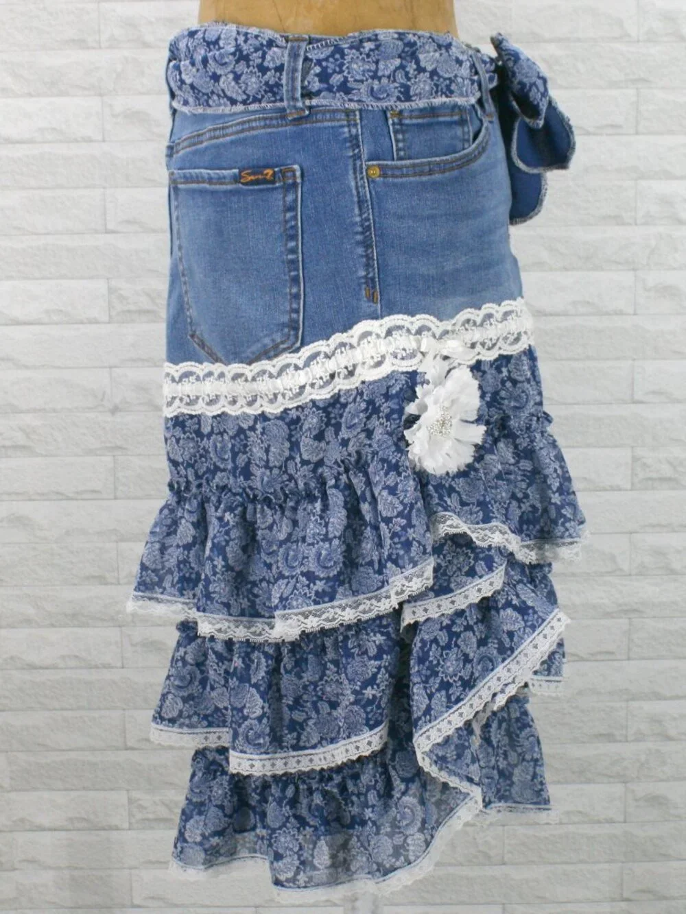 HAND CRAFTED Skirt Denim Blue Jean Upcycled Lace Floral Ruffle Midi 8